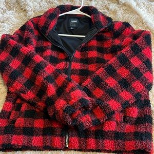 Red and black zip up Sherpa jacket size L